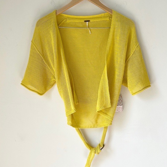 FREE PEOPLE Hello Yellow Tie Waist Knitted Cropped Textured Cardigan XS - Picture 4 of 13